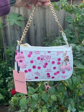 Juicy Couture White and Pink Cherry Print Mini Shoulder Bag with Gold Chain